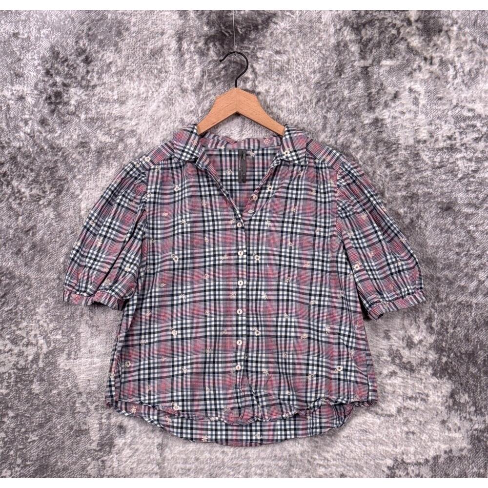 Anthropologie Top Medium Womens Plaid Embroidered Puff Sleeve Button Blouse